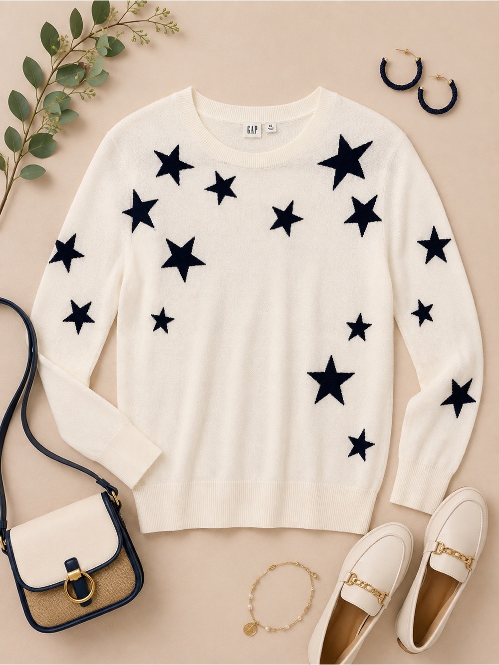 GAP Ivory & Navy Star Print Sweater Size XS